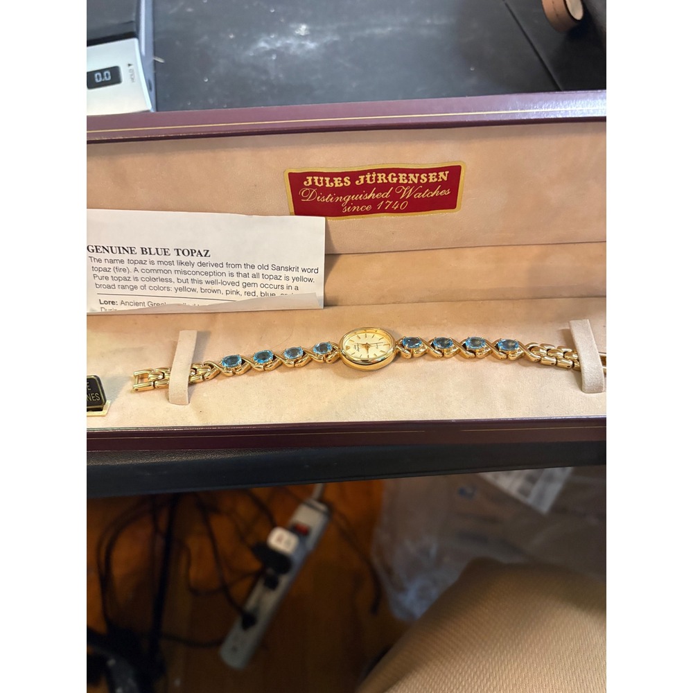 Jules Jurgensen Watch Gold Tone Blue Topaz Gemstone Bracelet Oval Face 2035